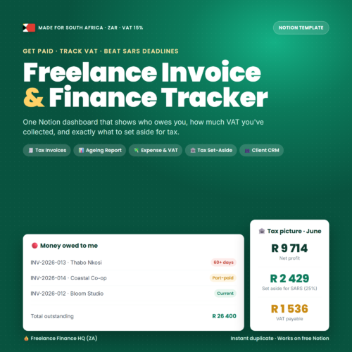 Freelance Invoice & Finance Tracker Notion Template | South Africa ZAR VAT 15% | Invoicing Expense Tax SARS Tracker for Freelancers & Agencies