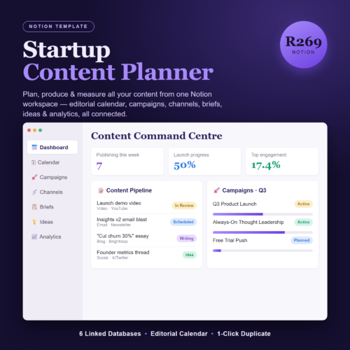 Startup Content Planner Notion Template | Content Calendar